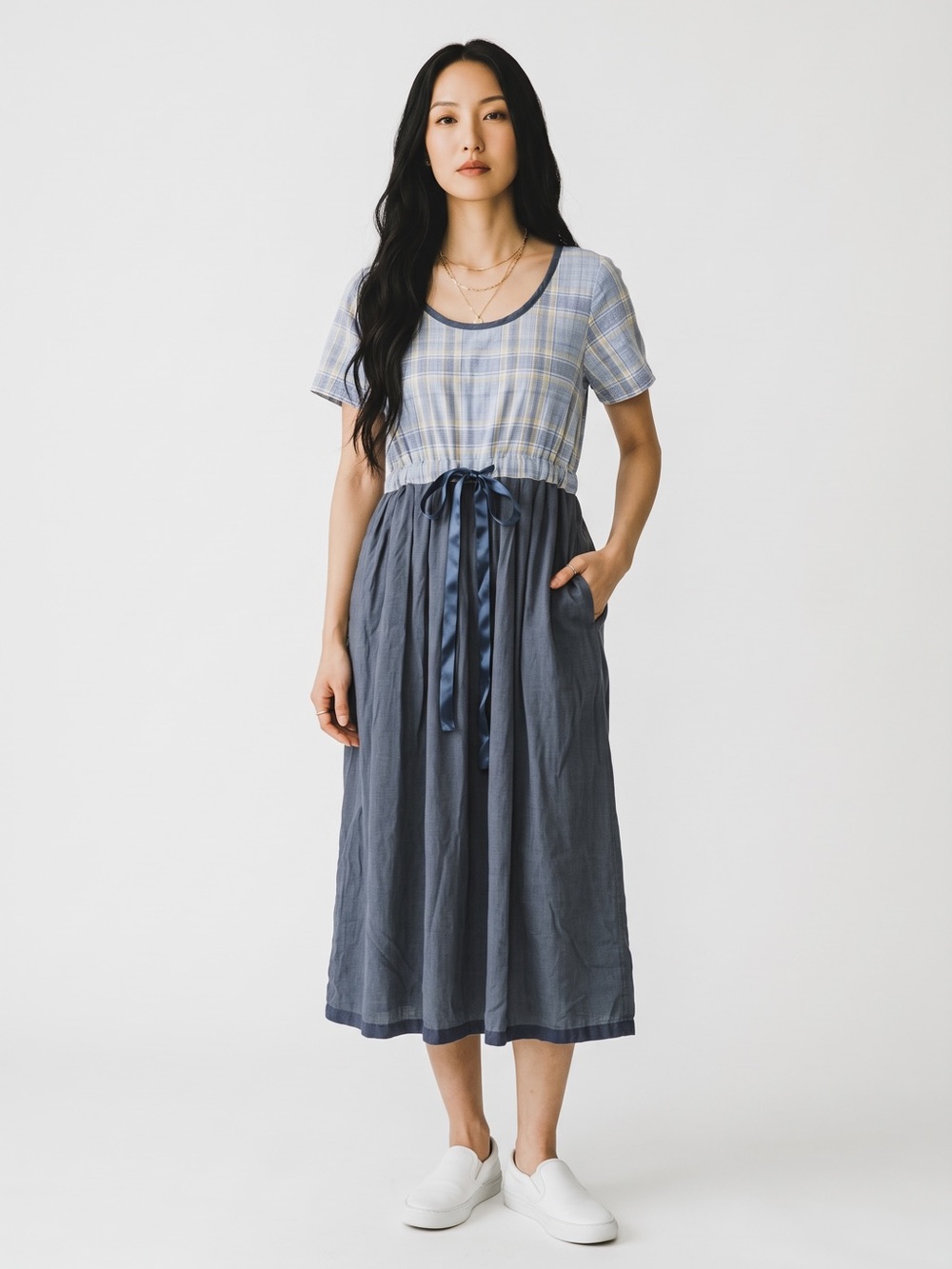 Vintage Expo Petite Blue Plaid Midi Dress Size 8 Made USA Drawstring Waist 90s